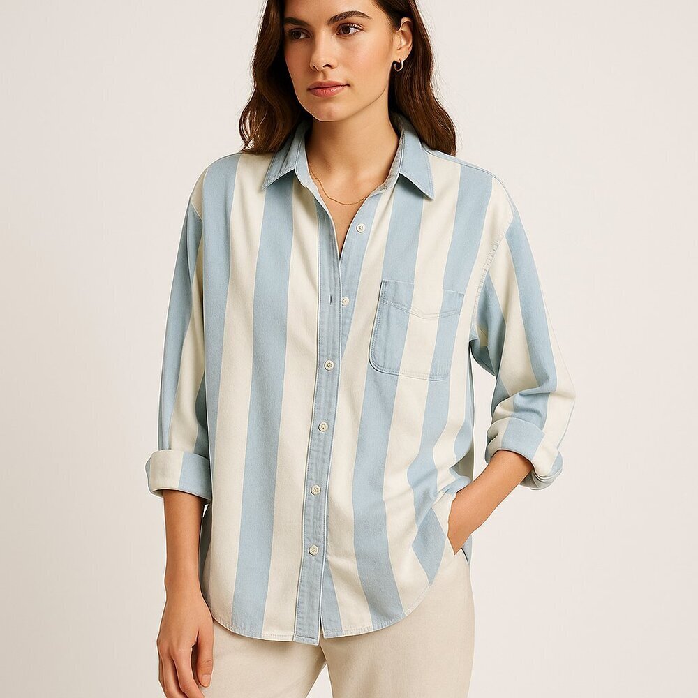 Vintage 90s Cotton Stripe Oversized Button Down Coastal Grandma Top Blue Large